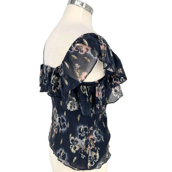 Rebecca Taylor Silk Floral Metallic Double Ruffle One-Shoulder Blue Top Size 6 - Picture 14 of 16